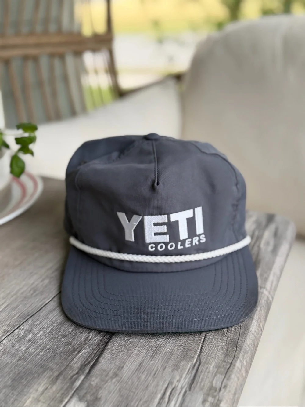 Yeti Coolers Cap Hat with White Rope Trim Snap Back Gray White Rope Embroidered